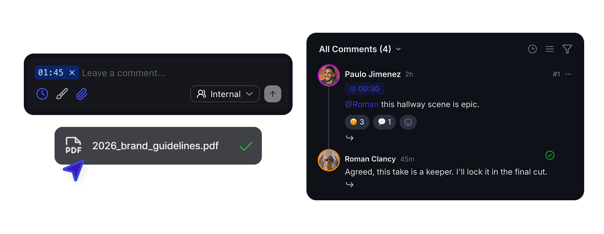 Comment thread with file attachments and approval reactions