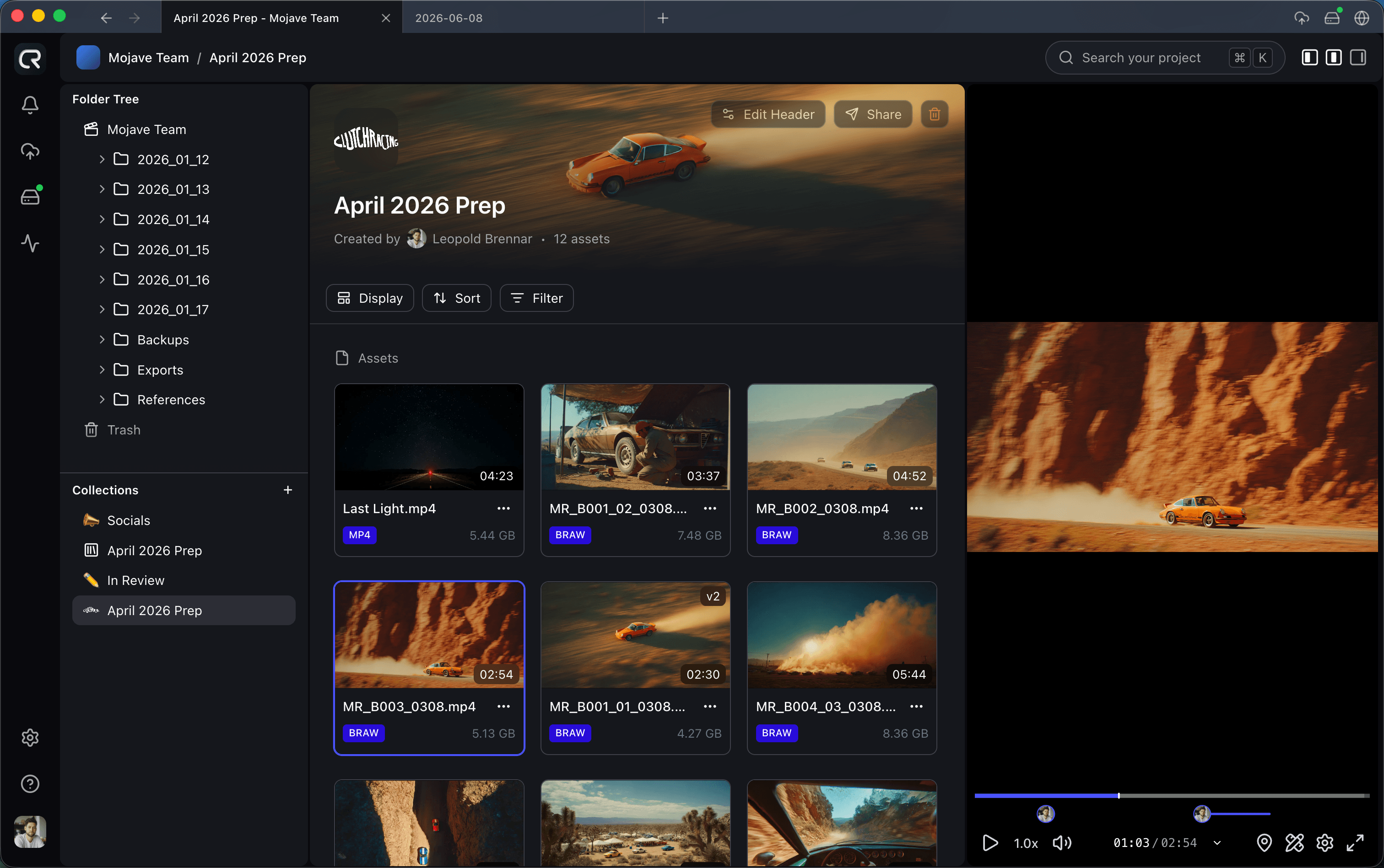 Aspect media storage dashboard showing project files and video thumbnails