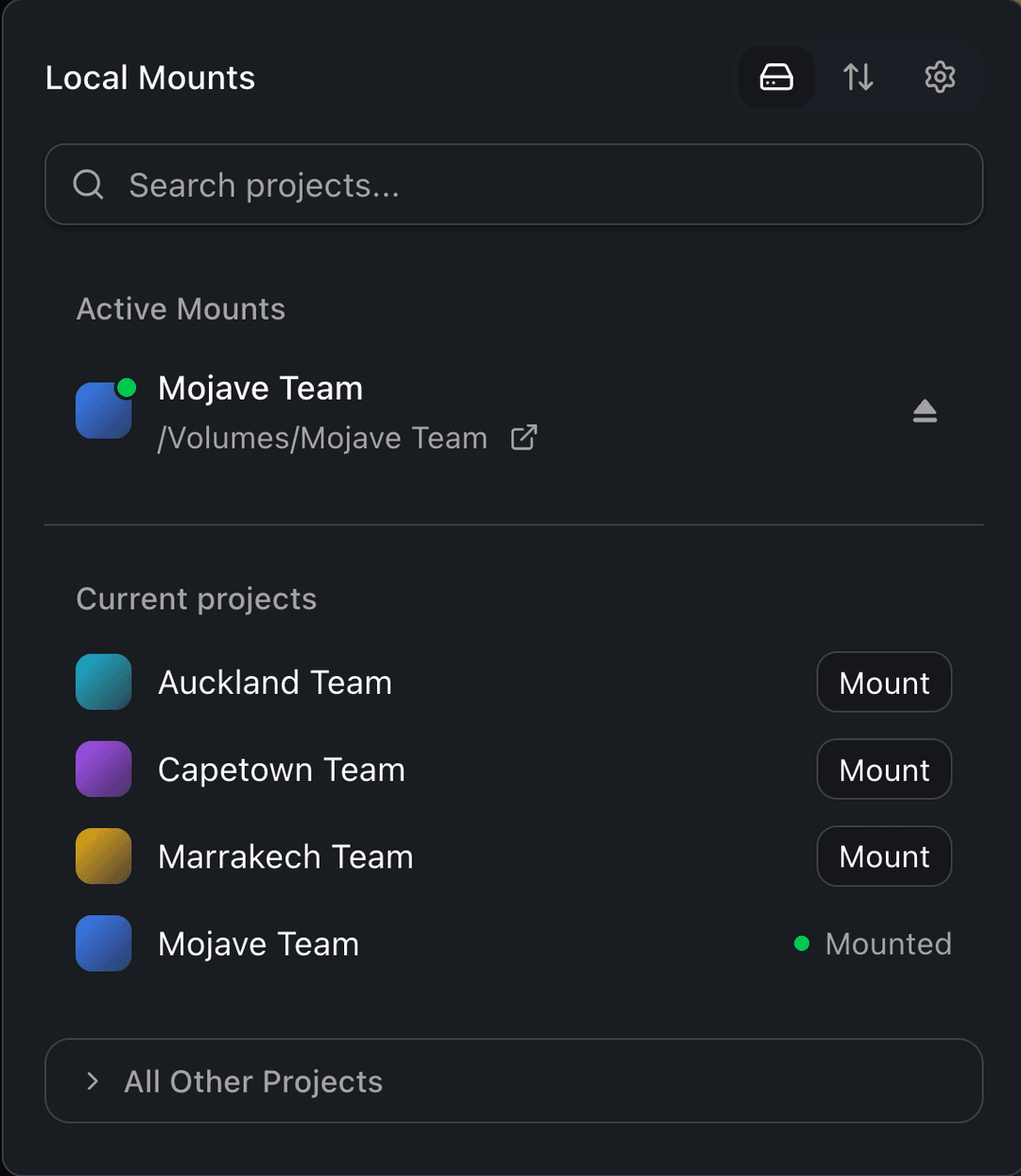 Aspect local mounts panel with connected cloud storage drives