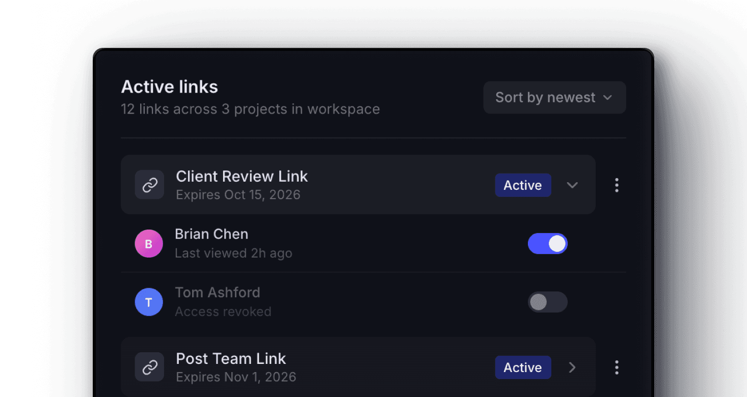 Link management dashboard showing active share links and access status