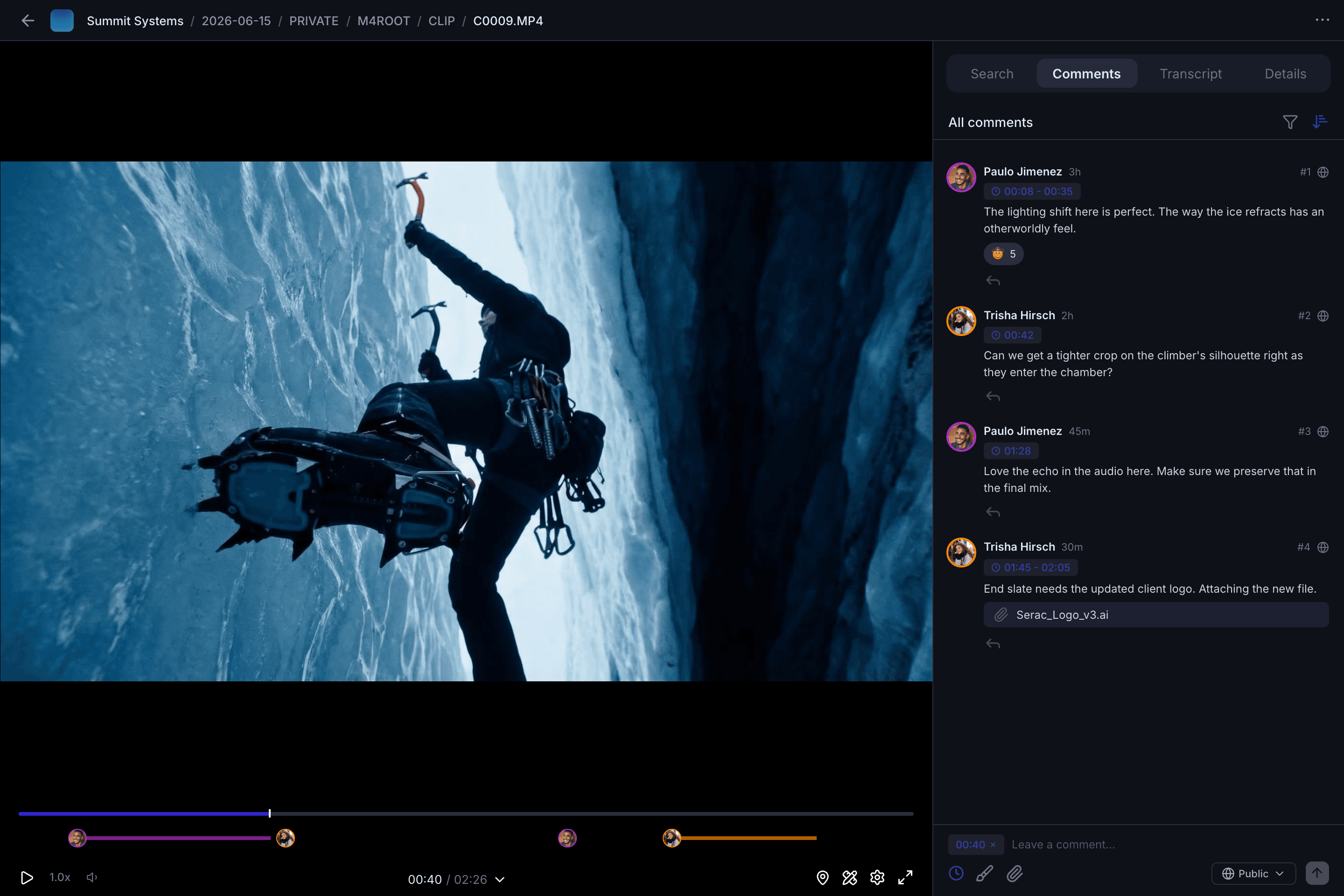 Frame-accurate video review interface with timeline comments and markup