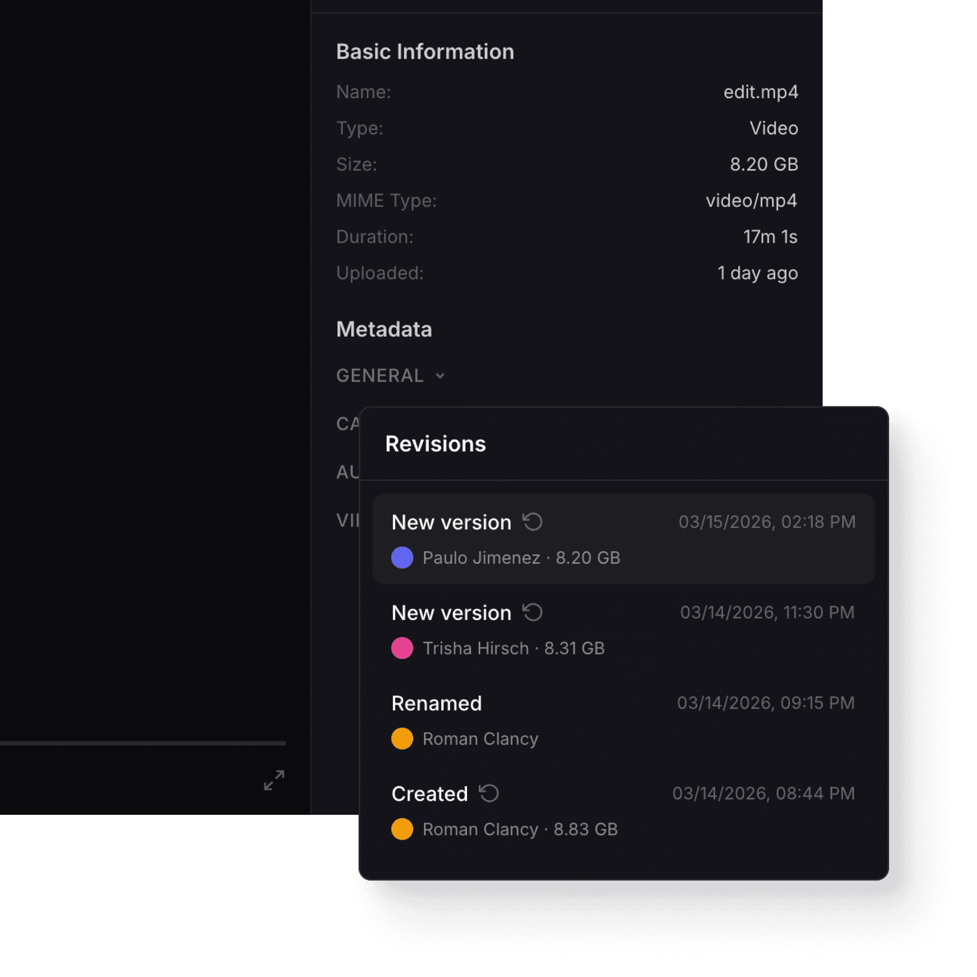 Revision history timeline showing file edits and approvals